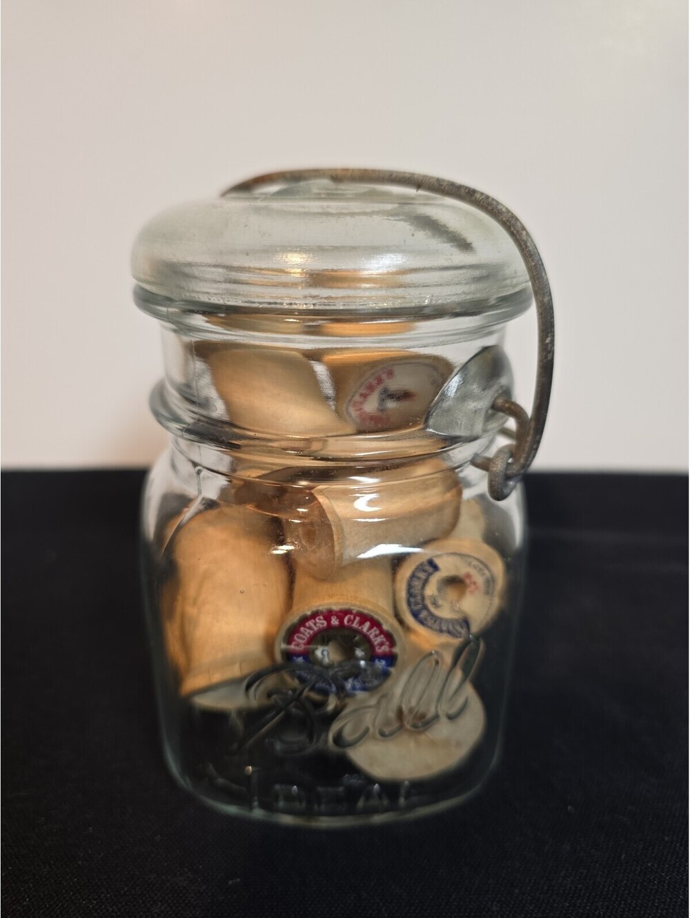 Vintage Ball Ideal Clear Glass Canning Jar Filled with Assorted Wooden Thread...